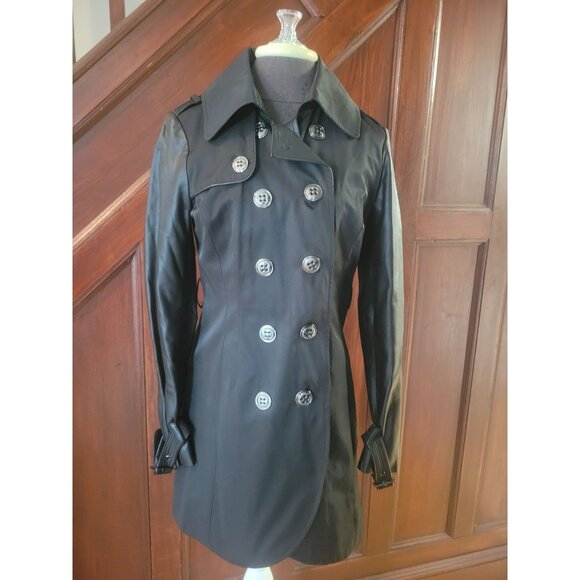 Steve Madden Womens Black Double-Breasted Trench Coat M - Picture 1 of 8